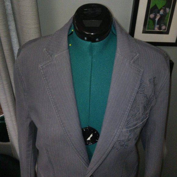 INC Grey Denim-Style Tonal Striped Blazer with Chest Embroidery Sz M NWT - Picture 15 of 16